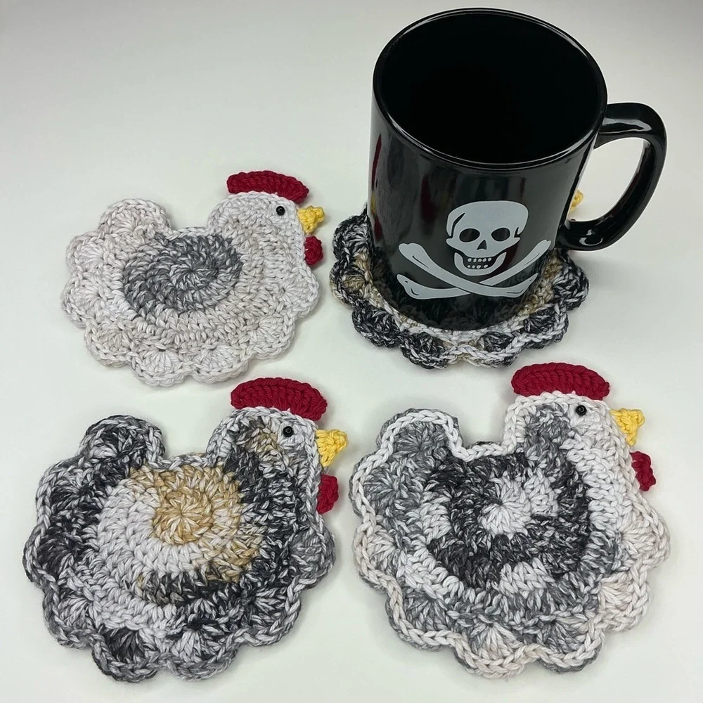 Chicken Cup Mug Coasters Set of‎ 4 Handcrafted Crochet by Seller Cotton